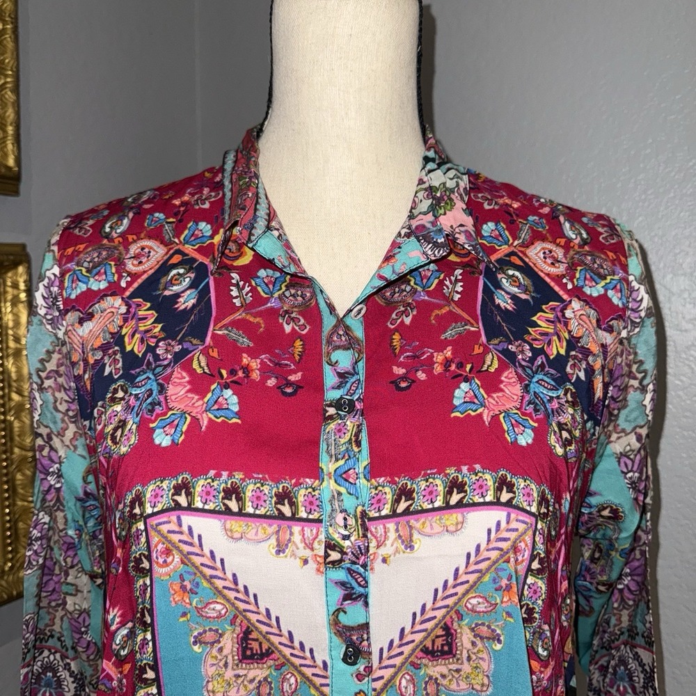 Johnny Was Floral Blouse Meco Scarf Print Tunic Handkerchief Hem Size S Boho NWT - Picture 2 of 16